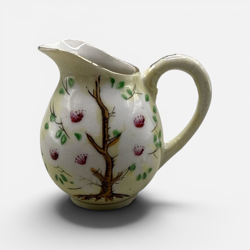 Vintage Hand Painted Miniature Ceramic Pitcher Floral Gold Trim Creamer 3.5 Inch